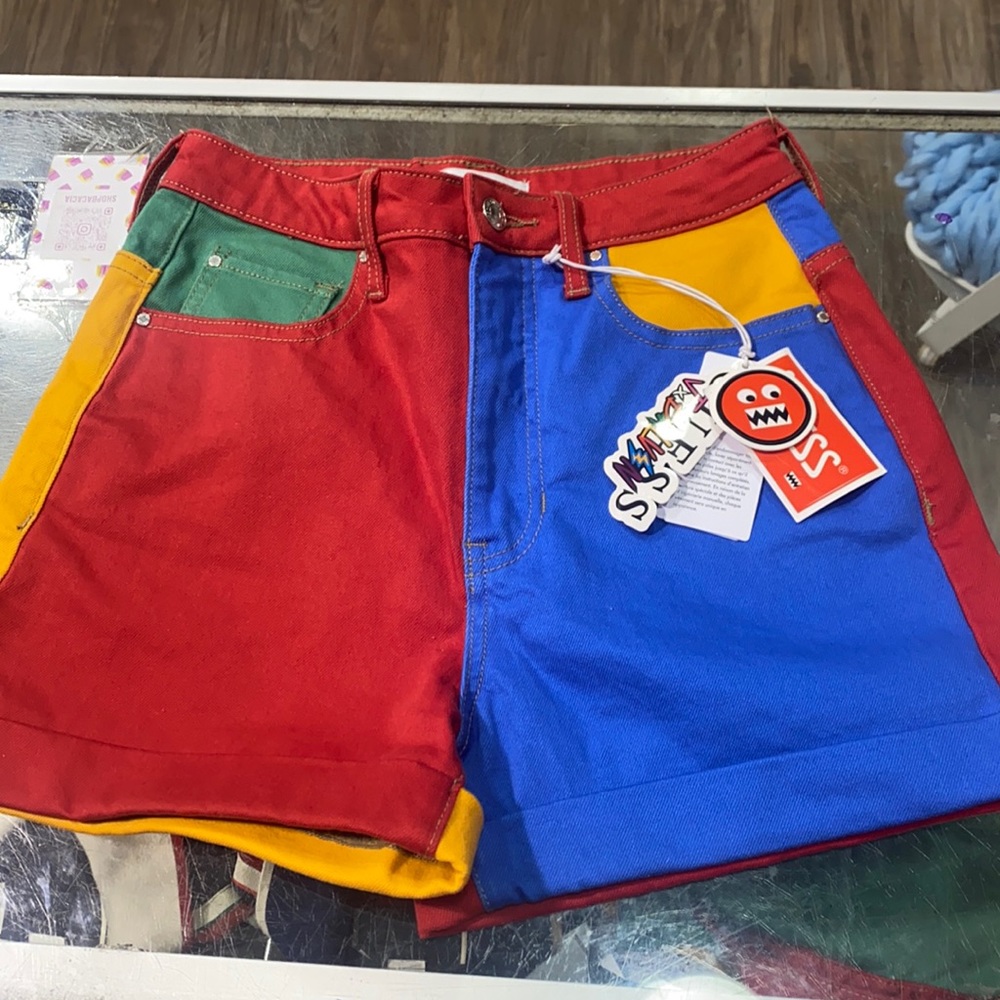 J Balvin and guess collab color block high waist shorts